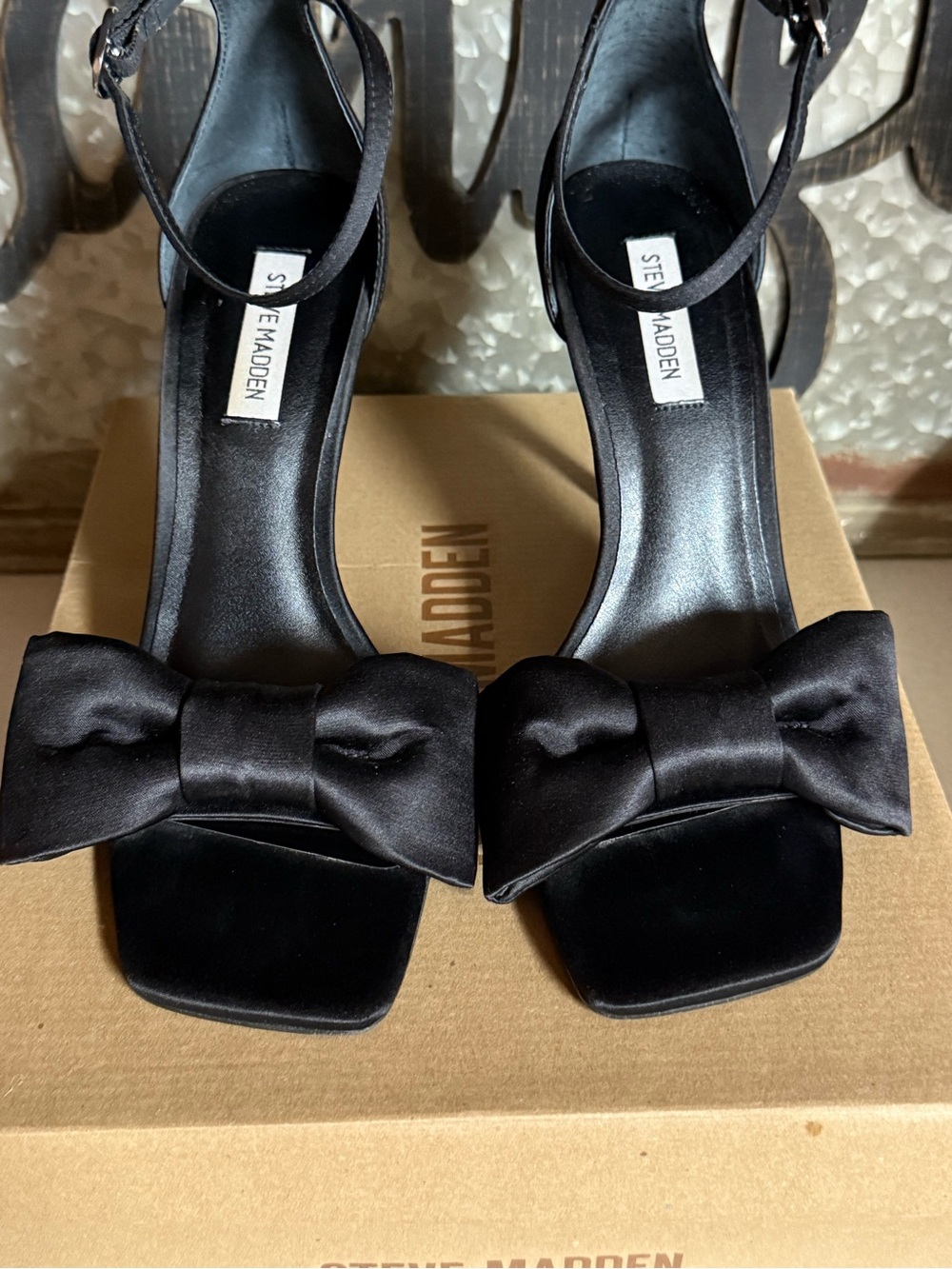 Steve Madden Black Satin Bow Ankle-Strap Heels